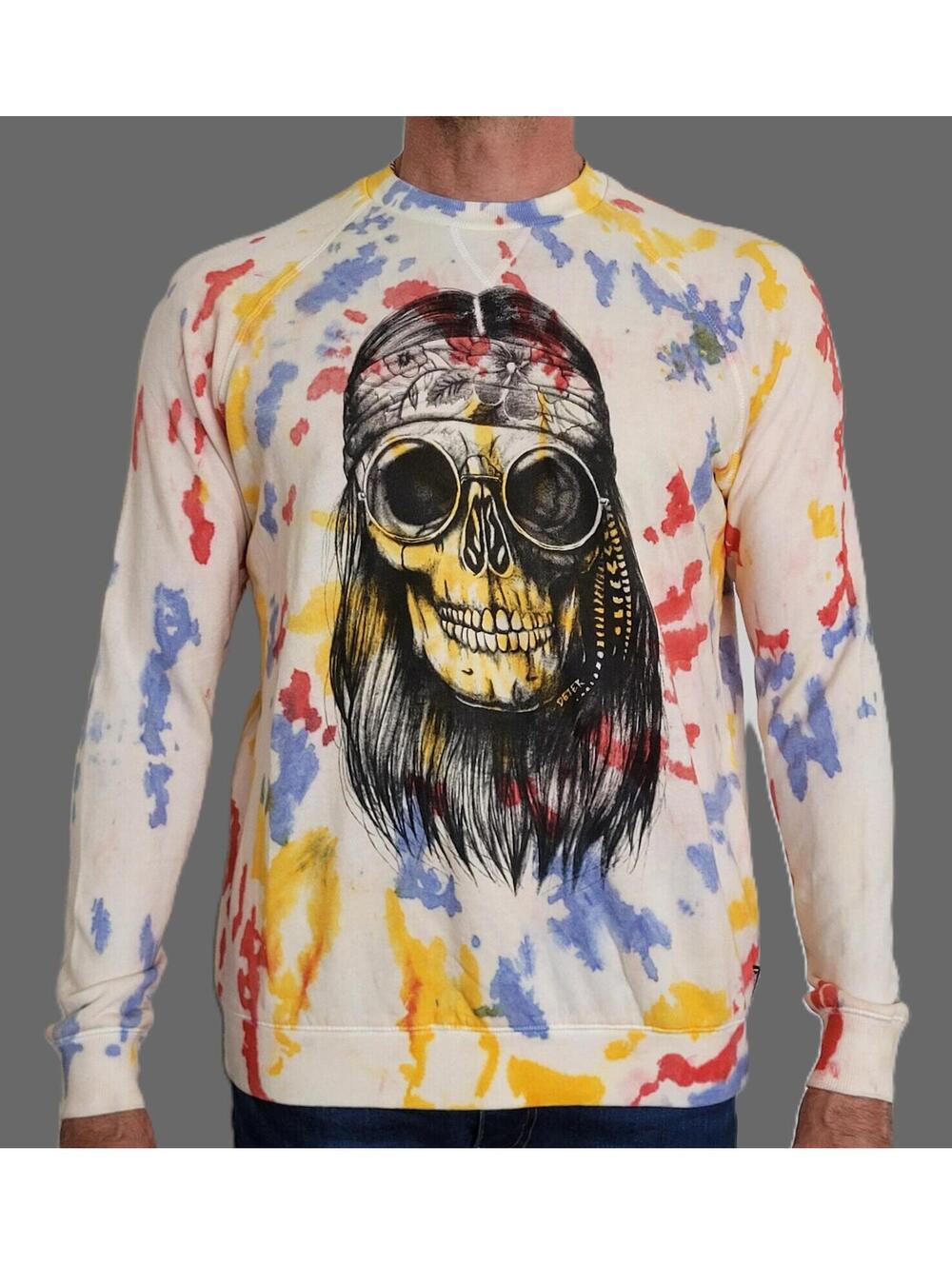 DETER Clothing Men’s Medium Skull Graphic Sweatshirt Tie Dye on White - NEW